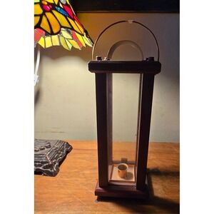Rustic Wood and Glass Candle Lantern with Copper Handle Dark Brown 14 Inch